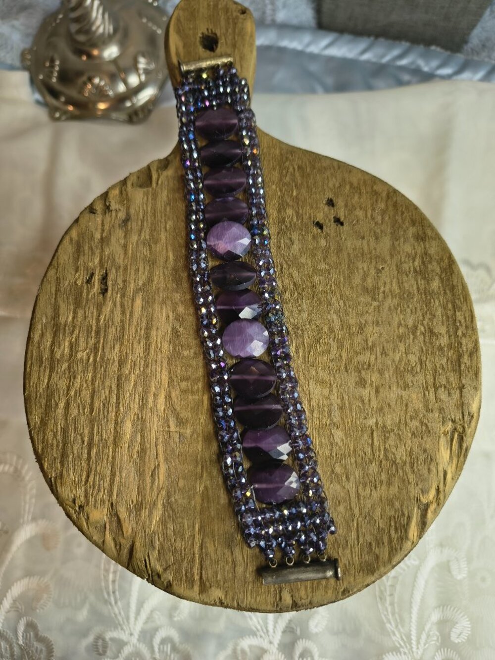 Silver Tone Hand Made Purple Glass Bracelet